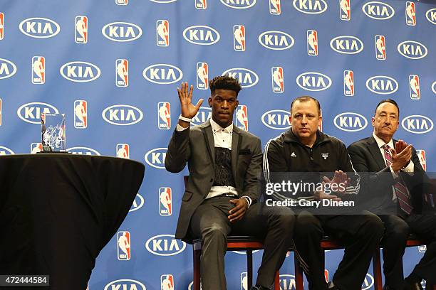 Jimmy Butler head coach Tom Thibodeau and GM Gar Forman of the Chicago Bulls during the 2014-15 KIA NBA Most Improved Player Award on May 7, 2015 at...