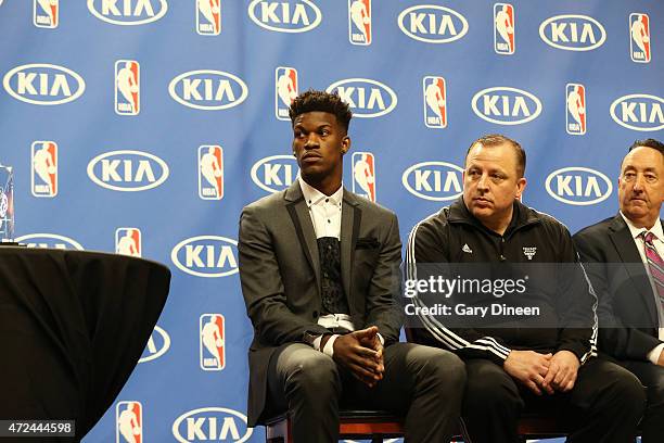 Jimmy Butler head coach Tom Thibodeau and GM Gar Forman of the Chicago Bulls during the 2014-15 KIA NBA Most Improved Player Award on May 7, 2015 at...