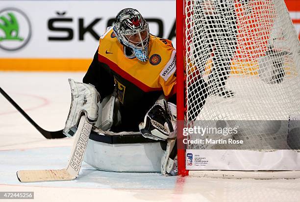 Timo Pielmeier, goaltender of Germany tends net against Sweden during the IIHF World Championship group A match between Sweden and Germany at o2...