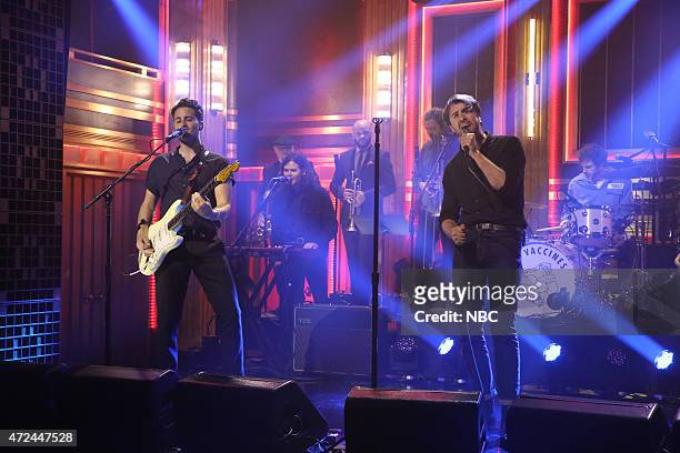 Episode 0258 -- Pictured: Freddie Cowan, Justin Hayward-Young and Pete Robertson of musical guest The Vaccines perform on May 7, 2015 --