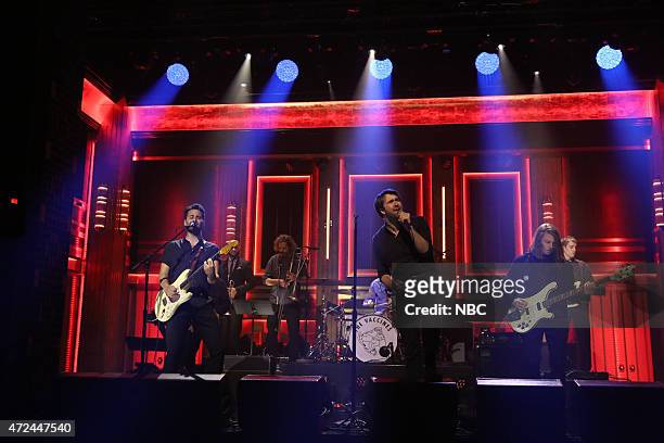 Episode 0258 -- Pictured: Freddie Cowan, Justin Hayward-Young, Pete Robertson and Arni Arnason of musical guest The Vaccines perform on May 7, 2015 --