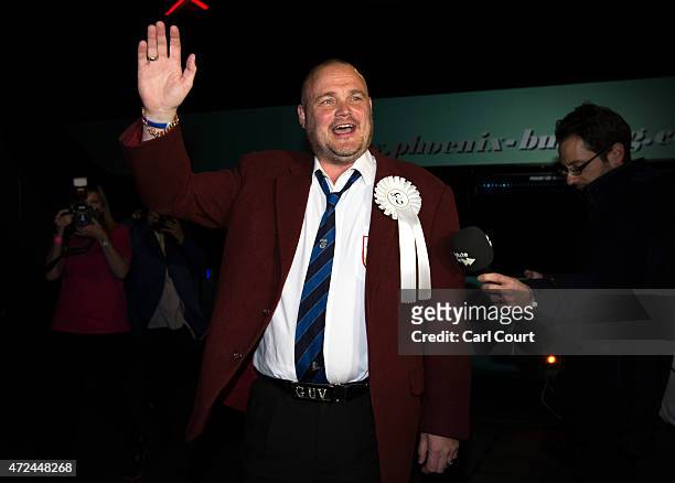 Alastair James Hay, better known as comedian 'Al Murray' who portrays an English pub landlord, arrives to attend the ballot count in the South Thanet...