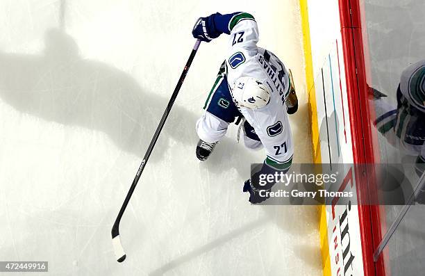 Shawn Matthias of the Vancouver Canucks skates against the Calgary Flames at Scotiabank Saddledome for Game Four of the Western Quarterfinals during...