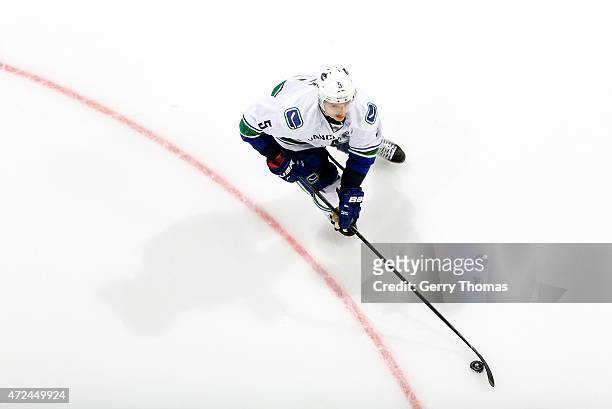 Luca Sbisa of the Vancouver Canucks skates against the Calgary Flames at Scotiabank Saddledome for Game Four of the Western Quarterfinals during the...