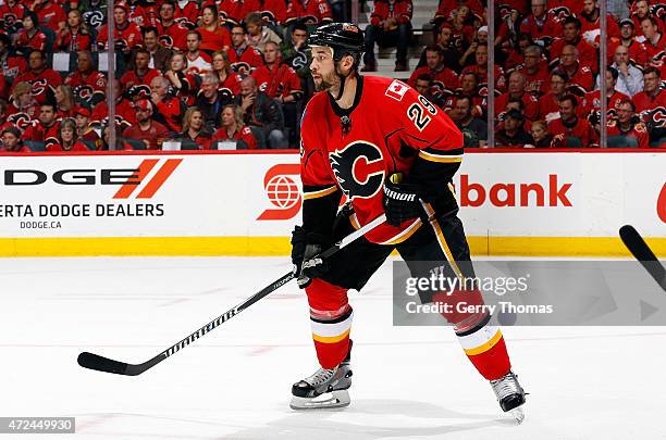 Deryk Engelland of the Calgary Flames skates against the Vancouver Canucks at Scotiabank Saddledome for Game Four of the Western Quarterfinals during...