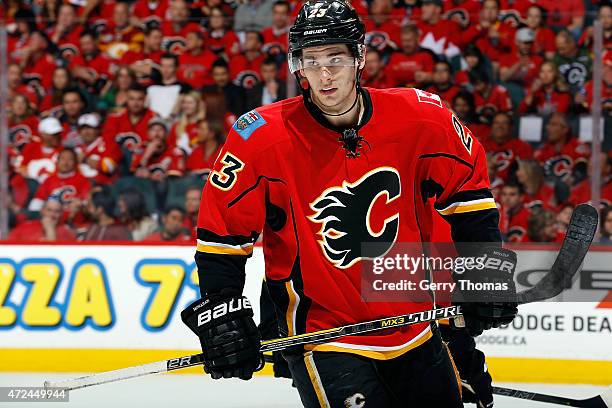 Sean Monahan of the Calgary Flames skates against the Vancouver Canucks at Scotiabank Saddledome for Game Four of the Western Quarterfinals during...