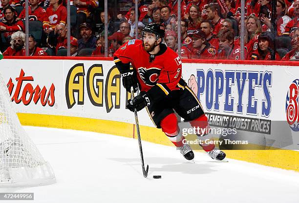 Brodie of the Calgary Flames skates against the Vancouver Canucks at Scotiabank Saddledome for Game Four of the Western Quarterfinals during the 2015...