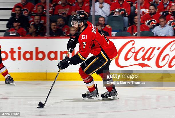 Brodie of the Calgary Flames skates against the Vancouver Canucks at Scotiabank Saddledome for Game Four of the Western Quarterfinals during the 2015...