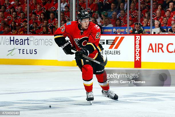 Sean Monahan of the Calgary Flames skates against the Vancouver Canucks at Scotiabank Saddledome for Game Four of the Western Quarterfinals during...