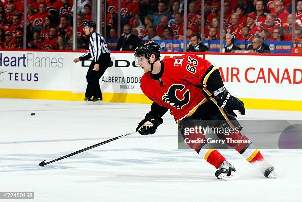 Sam Bennett of the Calgary Flames skates against the Vancouver Canucks at Scotiabank Saddledome for Game Four of the Western Quarterfinals during the...