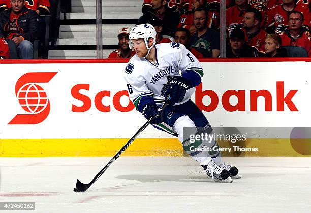 Yannick Weber of the Vancouver Canucks skates against the Calgary Flames at Scotiabank Saddledome for Game Four of the Western Quarterfinals during...