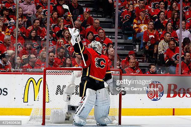 Karri Ramo of the Calgary Flames stands in net against the Vancouver Canucks at Scotiabank Saddledome for Game Six of the Western Quarterfinals...