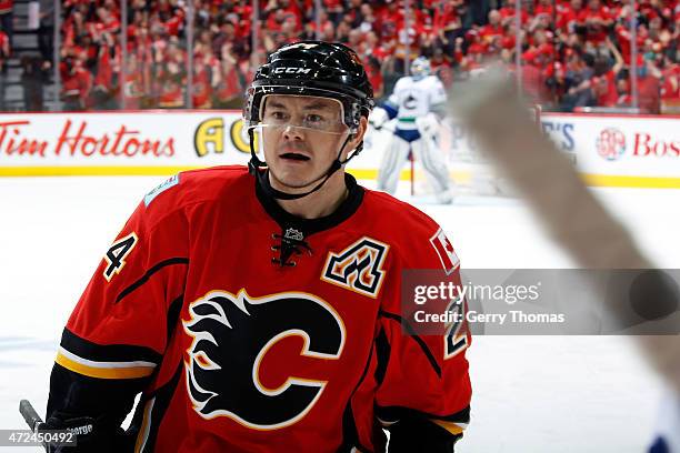 Jiri Hudler of the Calgary Flames skates against the Vancouver Canucks at Scotiabank Saddledome for Game Six of the Western Quarterfinals during the...