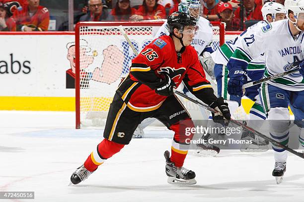 Johnny Gaudreau of the Calgary Flames skates against the Vancouver Canucks at Scotiabank Saddledome for Game Six of the Western Quarterfinals during...