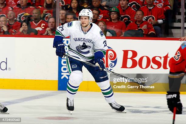 Alex Edler of the Vancouver Canucks skates against the Calgary Flames at Scotiabank Saddledome for Game Six of the Western Quarterfinals during the...