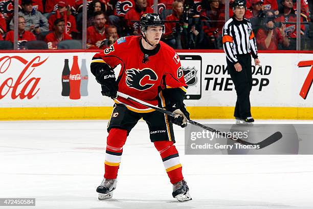 Sam Bennett of the Calgary Flames skates against the Vancouver Canucks at Scotiabank Saddledome for Game Six of the Western Quarterfinals during the...