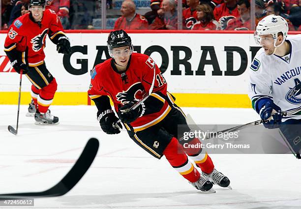 Johnny Gaudreau of the Calgary Flames skates against the Vancouver Canucks at Scotiabank Saddledome for Game Six of the Western Quarterfinals during...