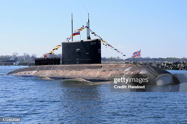 In this handout image supplied by Host photo agency / RIA Novosti, The submarine "Magnitogorsk" at a rehearsal of the navy parade to mark the 70th...