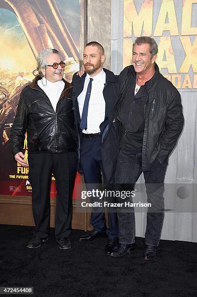 Writer/director/producer George Miller, actors Tom Hardy and Mel Gibson attend the premiere of Warner Bros. Pictures' "Mad Max: Fury Road" at TCL...