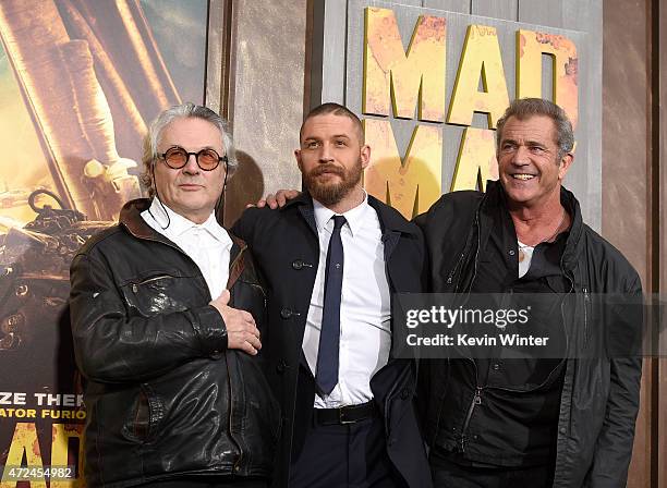 Writer/Director/Producer George Miller, actors Tom Hardy and Mel Gibson attend the premiere of Warner Bros. Pictures' "Mad Max: Fury Road" at TCL...