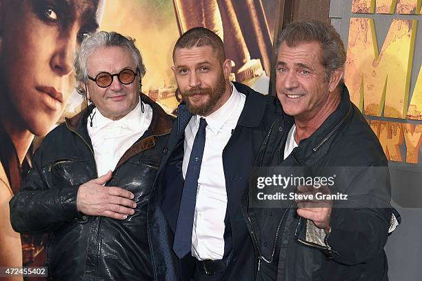 Writer/director/producer George Miller, actors Tom Hardy and Mel Gibson attend the premiere of Warner Bros. Pictures' "Mad Max: Fury Road" at TCL...