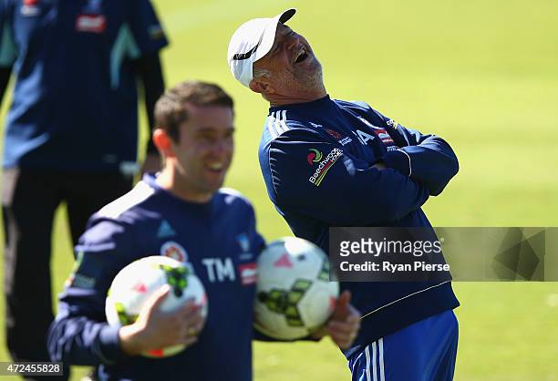 Sydney FC coach Graham Arnold looks on during a Sydney FC A-League training session at Macquarie Uni on May 8, 2015 in Sydney, Australia.
