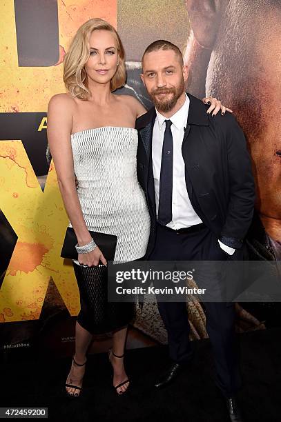 Actors Charlize Theron and Tom Hardy attend the premiere of Warner Bros. Pictures' "Mad Max: Fury Road" at TCL Chinese Theatre on May 7, 2015 in...