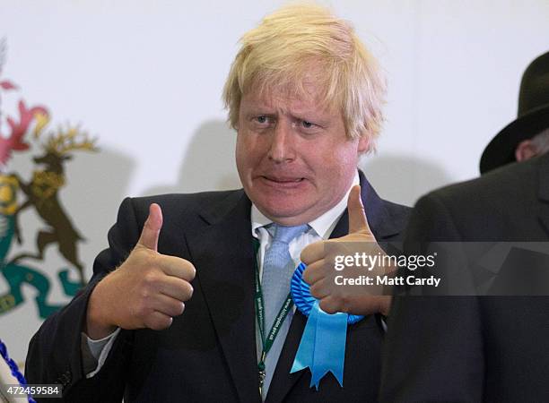 Boris Johnson, Conservative candidate for Uxbridge celebrates on stage following his win as he attends the count at Brunel University London on May...