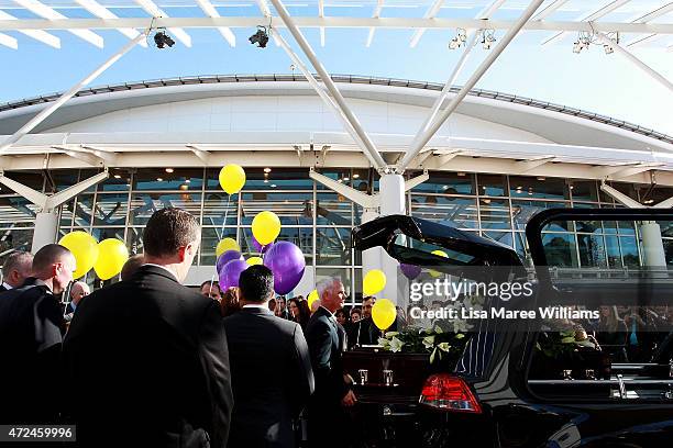 The coffin of Andrew Chan is placed into a hearse following the funeral service at Hillsong Church, Baulkham Hills on May 8, 2015 in Sydney,...