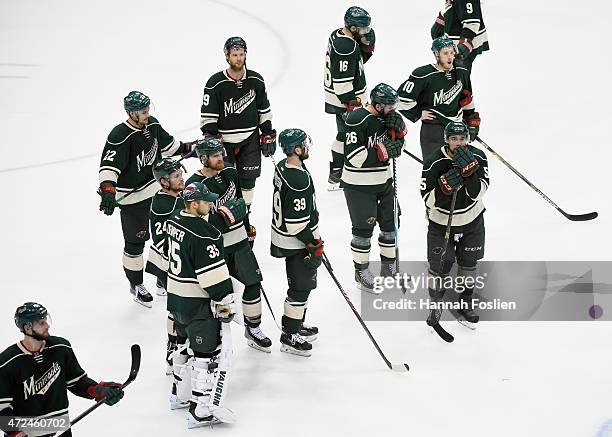 The Minnesota Wild react after a loss against the Chicago Blackhawks of Game Four of the Western Conference Semifinals during the 2015 NHL Stanley...