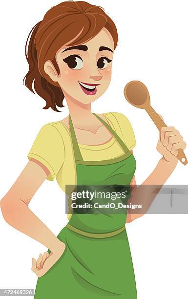 stockillustraties, clipart, cartoons en iconen met cartoon illustration of a woman with green apron and spoon - pretty brunette woman cartoon