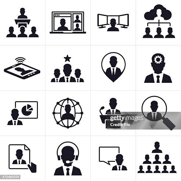 business people symbols - magnifying glass laptop stock illustrations