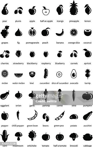 stockillustraties, clipart, cartoons en iconen met fruit and vegetable icons in black and white - komkommer