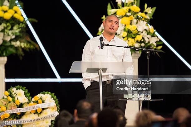 In this handout image provided by Hillsong Church, Michael Chan attends the funeral service for his brother and executed Bali nine member Andrew Chan...