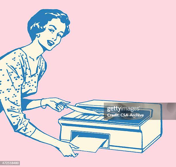 frau mit fax - faxgerät stock-grafiken, -clipart, -cartoons und -symbole