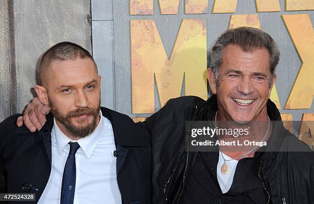 Actors Tom Hardy and Mel Gibson arrive for the premiere of Warner Bros. Pictures' "Mad Max: Fury Road" held at TCL Chinese Theatre on May 7, 2015 in...