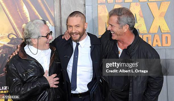 Director George Miller, actors Tom Hardy and Mel Gibson arrive for the premiere of Warner Bros. Pictures' "Mad Max: Fury Road" held at TCL Chinese...