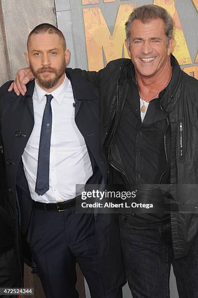 Actors Tom Hardy and Mel Gibson arrive for the premiere of Warner Bros. Pictures' "Mad Max: Fury Road" held at TCL Chinese Theatre on May 7, 2015 in...