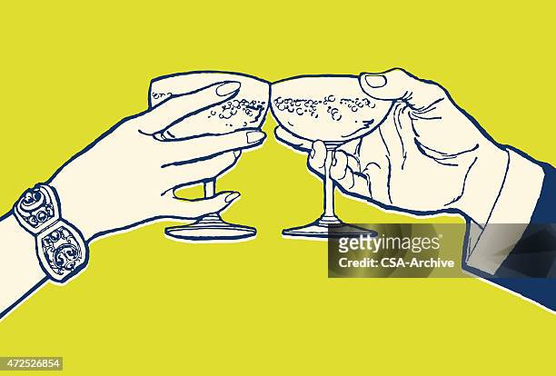 illustrations, cliparts, dessins animés et icônes de couple portant un toast avec cocktails - boire