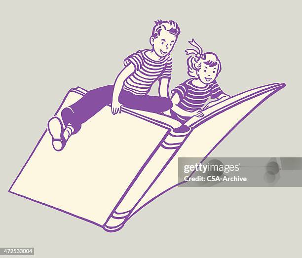 girl and boy riding on book - boy reading stock illustrations