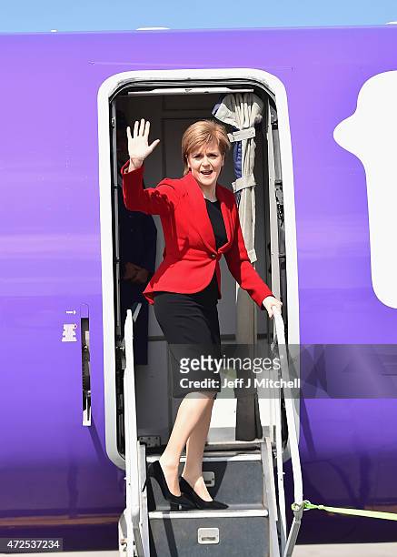 Leader and First Minister of Scotland Nicola Sturgeon departs Edinburgh ahead of attending the 70th anniversary of VE Day commemorations in London on...
