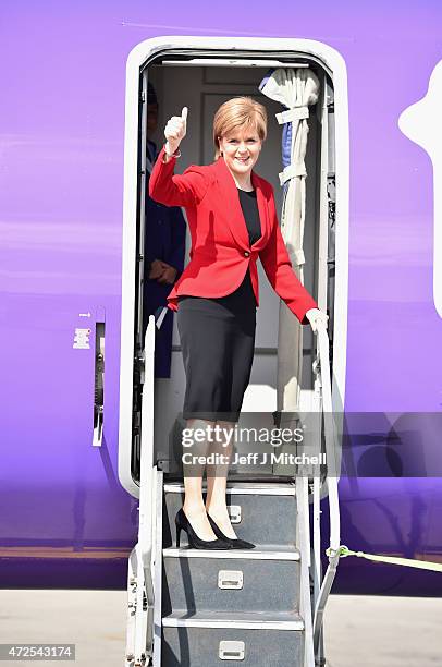 Leader and First Minister of Scotland Nicola Sturgeon departs Edinburgh ahead of attending the 70th anniversary of VE Day commemorations in London on...