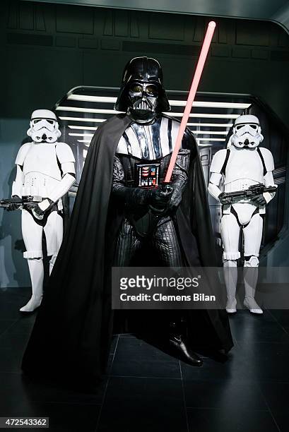 Wax figure of the Star Wars characters Darth Vader and two Stormtroopers are displayed on the occasion of Madame Tussauds Berlin Presents New Star...
