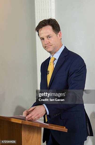 Nick Clegg, Leader of the Liberal Democrats delivers a statement of his resignation at the ICA on May 8, 2015 in London, England. After the United...