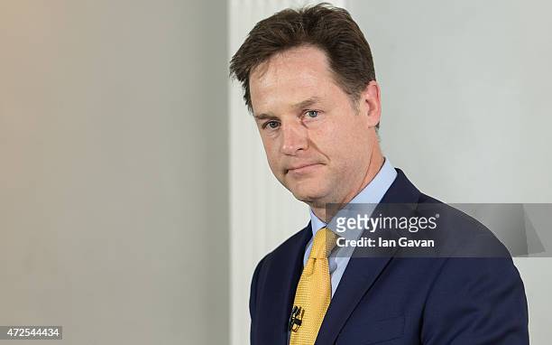 Nick Clegg, Leader of the Liberal Democrats delivers a statement of his resignation at the ICA on May 8, 2015 in London, England. After the United...