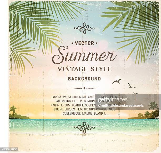 illustrazioni stock, clip art, cartoni animati e icone di tendenza di retrò sfondo di spiaggia estate tropicale - orizzonte sull'acqua
