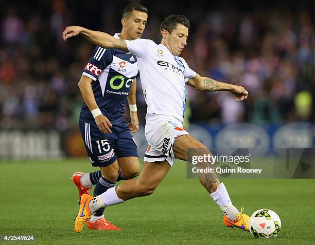 Robert Koren of City passes the ball during the A-League semi final match between Melbourne Victory and Melbourne City at Etihad Stadium on May 8,...