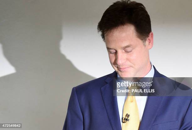 Leader of the Liberal Democats Nick Clegg speaks at a press conference to announce his resignation in London on May 8 the day after a general...