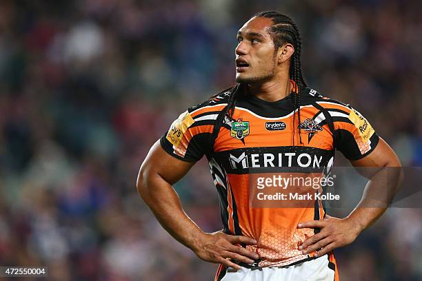 Martin Taupau of the Wests Tigers looks dejected after a Roosters try during the round nine NRL match between the Sydney Roosters and the Wests...
