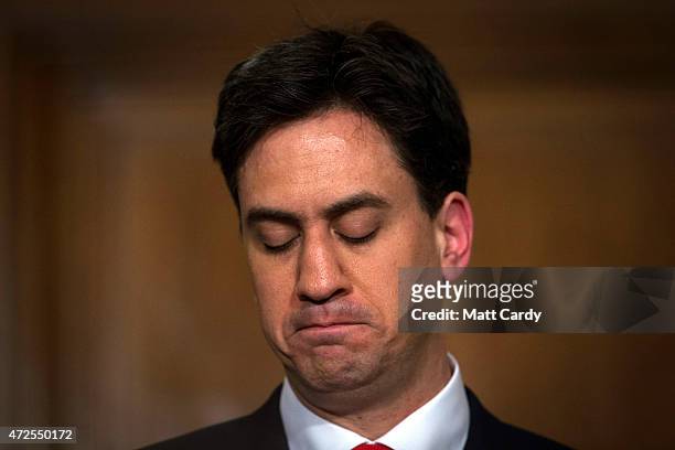 Labour Party leader Ed Miliband makes his resignation speech at a press conference in Westminster on May 8, 2015 in London, England. After the United...